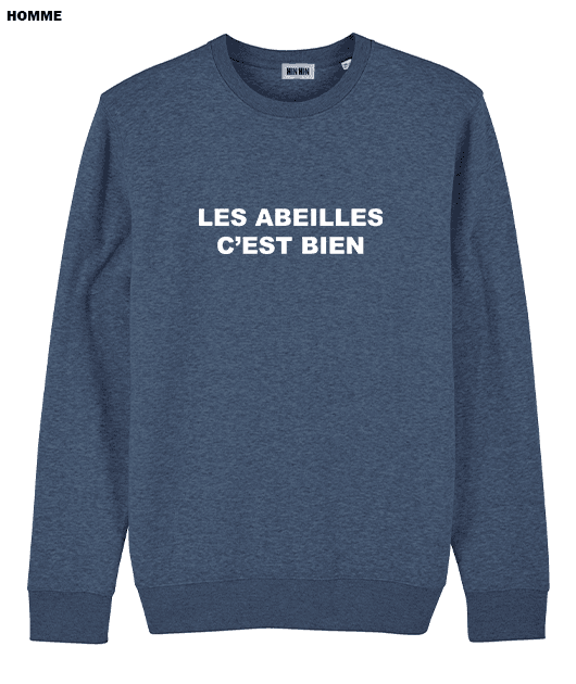 Pull coton bio Homme Bleu chiné Les Abeilles c'est bien